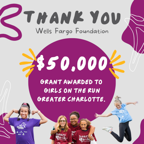 Give Girls on the Run girls smiling and posing with a headline that says “Thank you Wells Fargo Foundation—$50,000 Grant Awarded to Girls on the Run Greater Charlotte” with decorative elements.